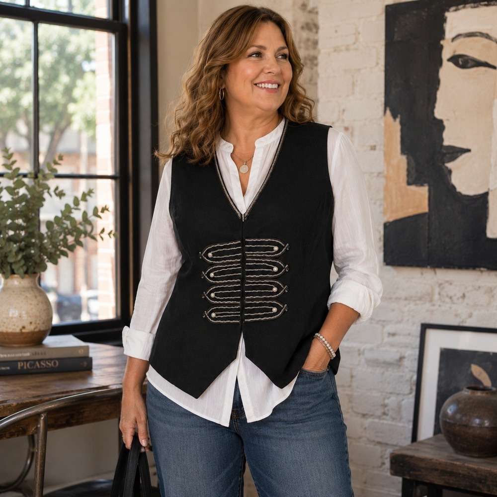 Chico's Linen Blend Embellished Vest Chain Pearl Detail Black Women's XL Size 3